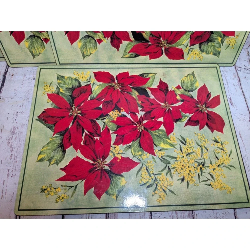Benson Mills Cork Backed Placemats Set of 4 Christmas Poinsettias Heat Resistant